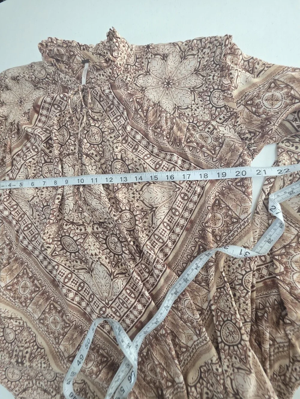 Free People Mock Neck Printed Boho Blouse Brown Cream Size Small
